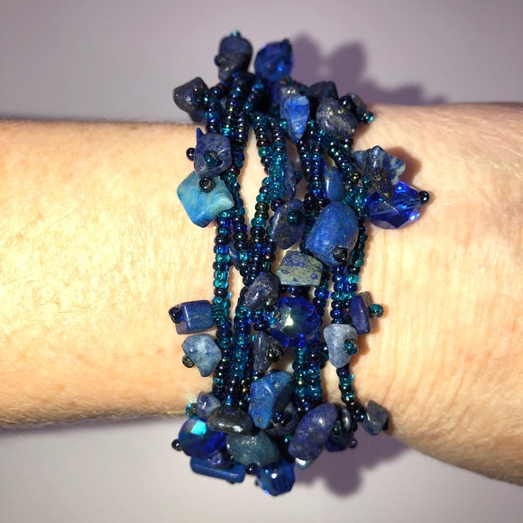 HANDMADE Lapis Lazuli Pebble Seed Crystal Bead Beaded Bracelet Peacock Blue NEW! - Picture 11 of 12